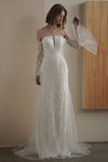 Long Sleeves Off the Shoulder Sheath Beaded Sheath Dress/Wedding Dress with a Brush/Sweep Train