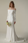 Long Sleeves Off the Shoulder Beaded Mermaid Satin Wedding Dress with a Court Train