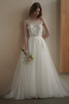 A-line Sleeveless Bateau Neck Beaded Wedding Dress with a Brush/Sweep Train