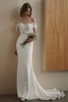 Beaded Long Sleeves Off the Shoulder Satin Mermaid Wedding Dress with a Court Train