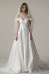 A-line Short Sleeves Sleeves Off the Shoulder Satin Beaded Wedding Dress with a Brush/Sweep Train
