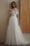 A-line Beaded Puff Sleeves Sleeves Off the Shoulder Wedding Dress with a Brush/Sweep Train