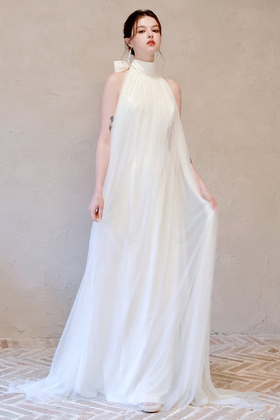 A-line Sleeveless Halter Wedding Dress with a Brush/Sweep Train