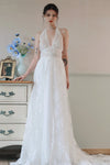 A-line Sleeveless Halter Wedding Dress with a Brush/Sweep Train With a Bow(s)