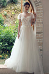 A-line Button Closure Applique Illusion Puff Sleeves Sleeves Wedding Dress with a Brush/Sweep Train