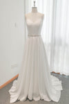 A-line V-neck Beaded Sleeveless Wedding Dress with a Brush/Sweep Train