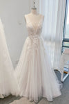 A-line Sleeveless Illusion Beaded Wedding Dress with a Brush/Sweep Train