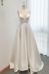 A-line V-neck Sleeveless Satin Wedding Dress with a Brush/Sweep Train