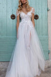 A-line Applique Cap Sleeves Bateau Neck Wedding Dress with a Brush/Sweep Train