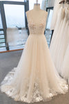 A-line V-neck Applique Sleeveless Wedding Dress with a Brush/Sweep Train