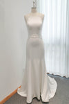 Bateau Neck Button Closure Mermaid Sleeveless Satin Wedding Dress with a Brush/Sweep Train