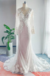 Mermaid Bateau Neck Long Sleeves Applique Beaded Wedding Dress with a Court Train