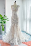 V-neck Mermaid Applique Sleeveless Wedding Dress with a Court Train