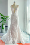 Sleeveless Mermaid Applique Bateau Neck Wedding Dress with a Chapel Train
