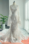 Bateau Neck Mermaid Long Sleeves Beaded Applique Wedding Dress with a Chapel Train