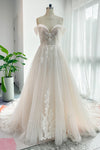 A-line Applique Short Sleeves Sleeves Off the Shoulder Wedding Dress with a Court Train