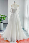 A-line Applique Beaded Off the Shoulder Sleeveless Wedding Dress with a Court Train
