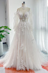 A-line Long Sleeves High-Neck Applique Beaded Wedding Dress with a Court Train