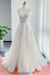 A-line V-neck Applique Beaded Sleeveless Wedding Dress with a Court Train