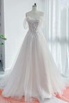 A-line Beaded Applique Short Sleeves Sleeves Off the Shoulder Wedding Dress with a Court Train