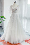 A-line V-neck Beaded Applique Sleeveless Wedding Dress with a Court Train