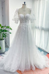A-line V-neck Puff Sleeves Sleeves Applique Beaded Wedding Dress with a Court Train