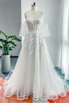 A-line Short Sleeves Sleeves Off the Shoulder Beaded Applique Wedding Dress with a Court Train