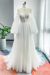 A-line Beaded Applique Long Sleeves Bateau Neck Wedding Dress with a Court Train