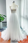 A-line V-neck Sleeveless Applique Beaded Wedding Dress with a Court Train