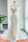 V-neck Long Sleeves Applique Mermaid Wedding Dress with a Chapel Train