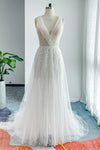 A-line V-neck Tulle Applique Beaded Sleeveless Wedding Dress with a Court Train