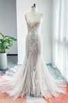 V-neck Sleeveless Applique Mermaid Wedding Dress with a Chapel Train