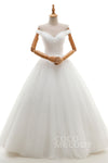 A-line Off the Shoulder Sleeveless Floor Length Tulle Corset Waistline Lace-Up Wedding Dress