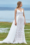 Lace Applique Sequined Mermaid Sleeveless Spaghetti Strap Wedding Dress with a Court Train With a Sash