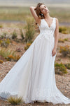 A-line V-neck Tulle Sleeveless Natural Waistline Applique Wedding Dress with a Brush/Sweep Train