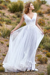 A-line V-neck Tulle Sleeveless Applique Wedding Dress with a Court Train