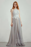 A-line Side Zipper Halter Sleeveless Bridesmaid Dress with a Brush/Sweep Train With Pearls