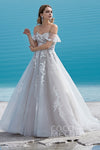 A-line Off the Shoulder Sleeveless Tulle Applique Wedding Dress with a Court Train With a Sash