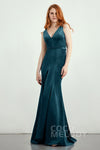 V-neck Mermaid Button Closure Sleeveless Bridesmaid Dress with a Brush/Sweep Train With a Sash and Pearls