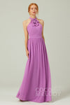 A-line Button Closure Sleeveless Floor Length Chiffon Halter Bridesmaid Dress With a Bow(s)