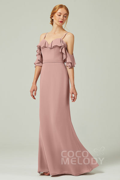 Floor Length Chiffon Sheath Sleeveless Spaghetti Strap Sheath Dress/Bridesmaid Dress With a Sash and Ruffles