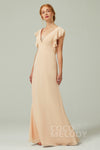 V-neck Corset Waistline Cap Sleeves Chiffon Lace-Up Floor Length Sheath Sheath Dress/Bridesmaid Dress With Ruffles