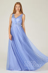 A-line V-neck Applique Sleeveless Floor Length Tulle Bridesmaid Dress
