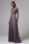 A-line V-neck Floor Length Sleeveless Applique Chiffon Bridesmaid Dress