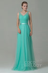 Modest V-neck Sheath Tulle Floor Length Sleeveless Sheath Dress/Bridesmaid Dress With a Sash