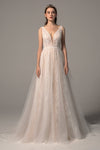 A-line V-neck Tulle Sleeveless Beaded Applique Open-Back Wedding Dress with a Court Train
