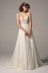 A-line Applique Button Closure Beaded Sleeveless Sweetheart Lace Wedding Dress with a Court Train