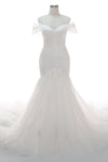 Applique Beaded Tulle Off the Shoulder Sleeveless Mermaid Wedding Dress with a Court Train