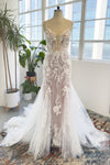 V-neck Beaded Applique Mermaid Sleeveless Wedding Dress with a Court Train