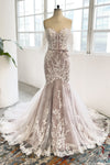 Tulle Applique Off the Shoulder Sleeveless Mermaid Wedding Dress with a Court Train